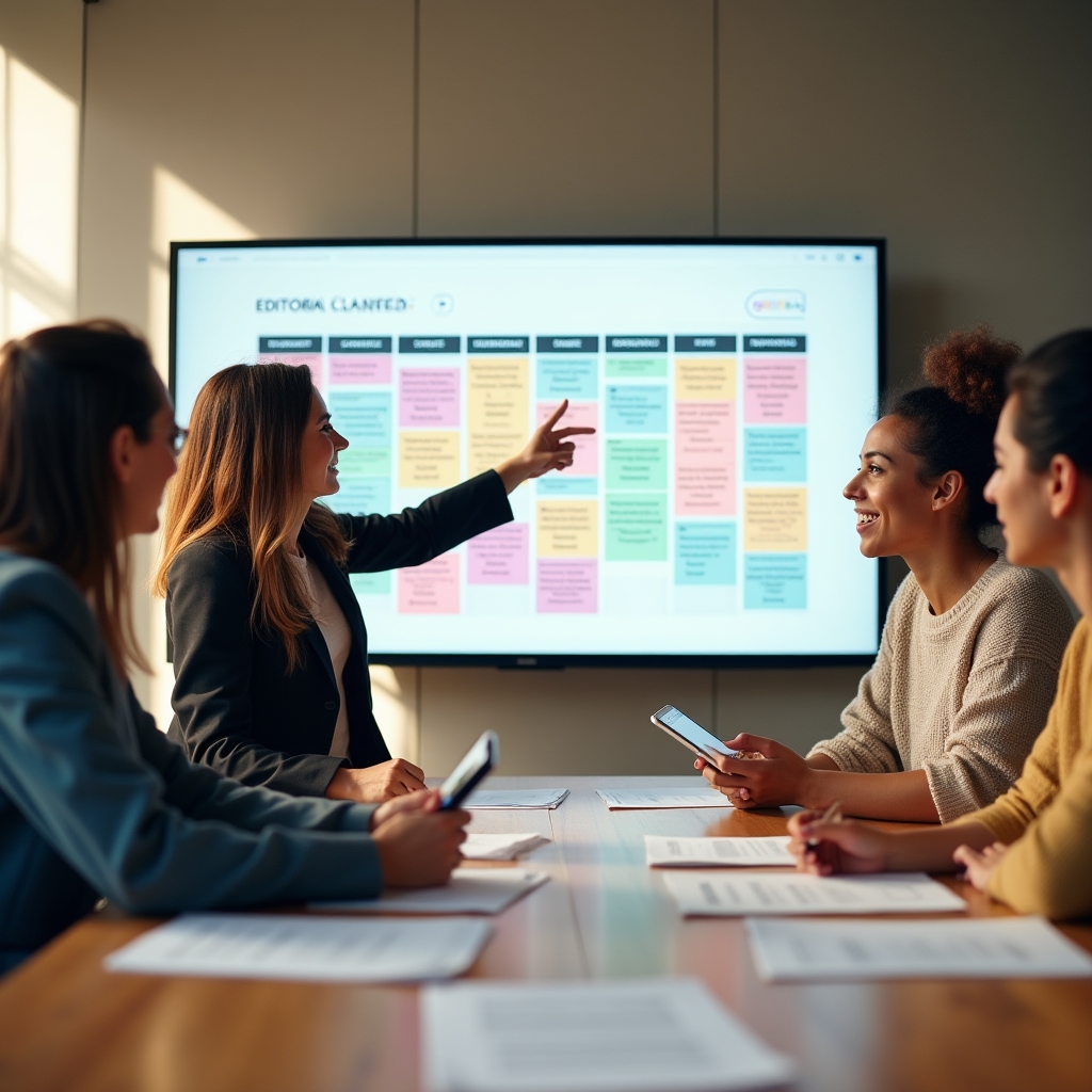 Marketing team reviewing an editorial calendar on a large screen during a planning session