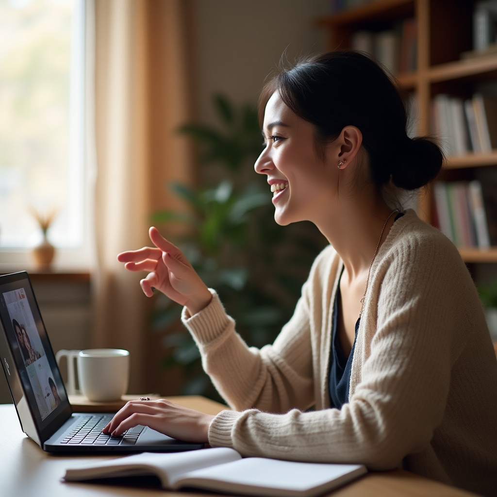Freelance writer on a video call discussing a content brief with a marketing consultant